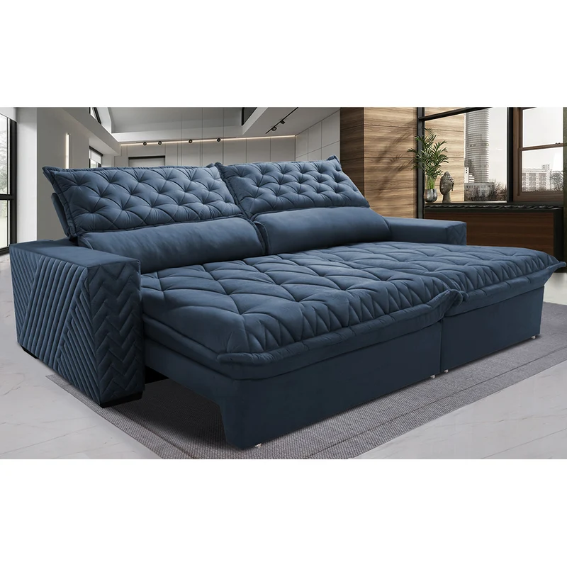 Sofá Retrátil e Reclinável Molas Ensacadas Cama inBox Spazus com Bordado 3D Azul / 2,55m