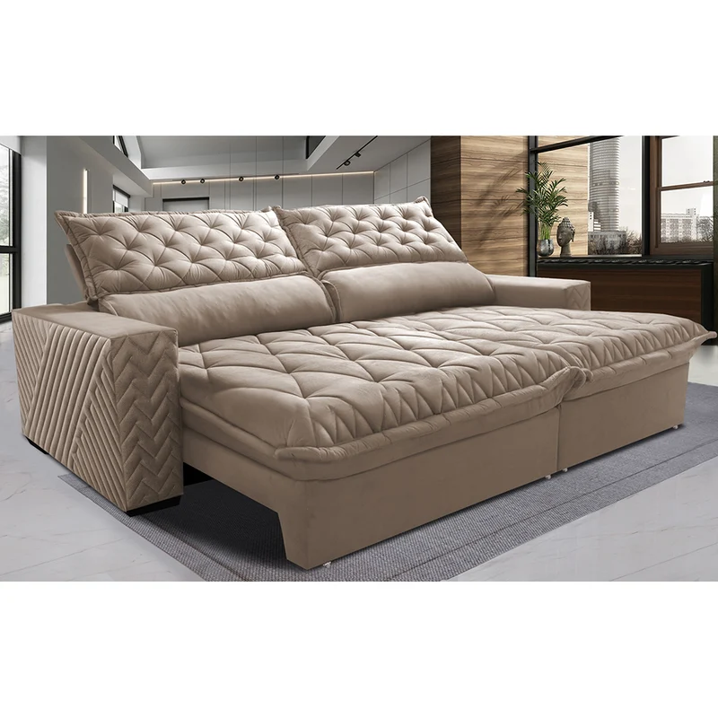 Sofá Retrátil e Reclinável Molas Ensacadas Cama inBox Spazus com Bordado 3D Bege / 2,55m