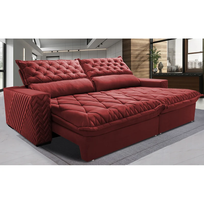 Sofá Retrátil e Reclinável Molas Ensacadas Cama inBox Spazus com Bordado 3D Vermelho / 2,55m