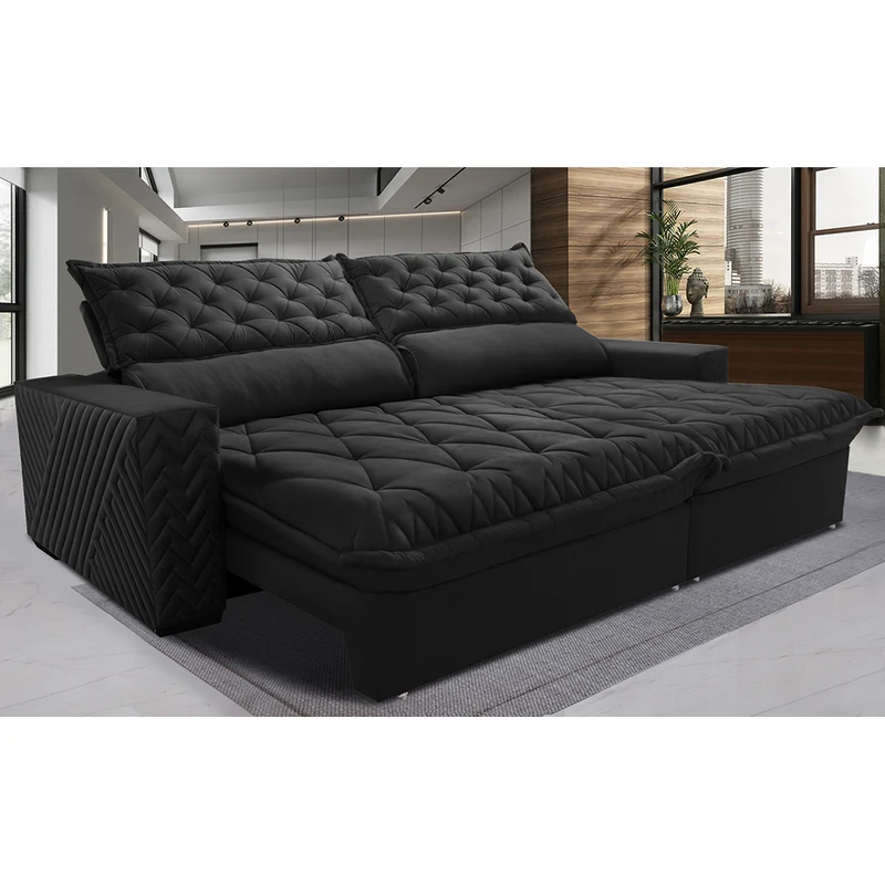 Sofá Retrátil e Reclinável Molas Ensacadas Cama inBox Spazus com Bordado 3D Preto / 2,55m