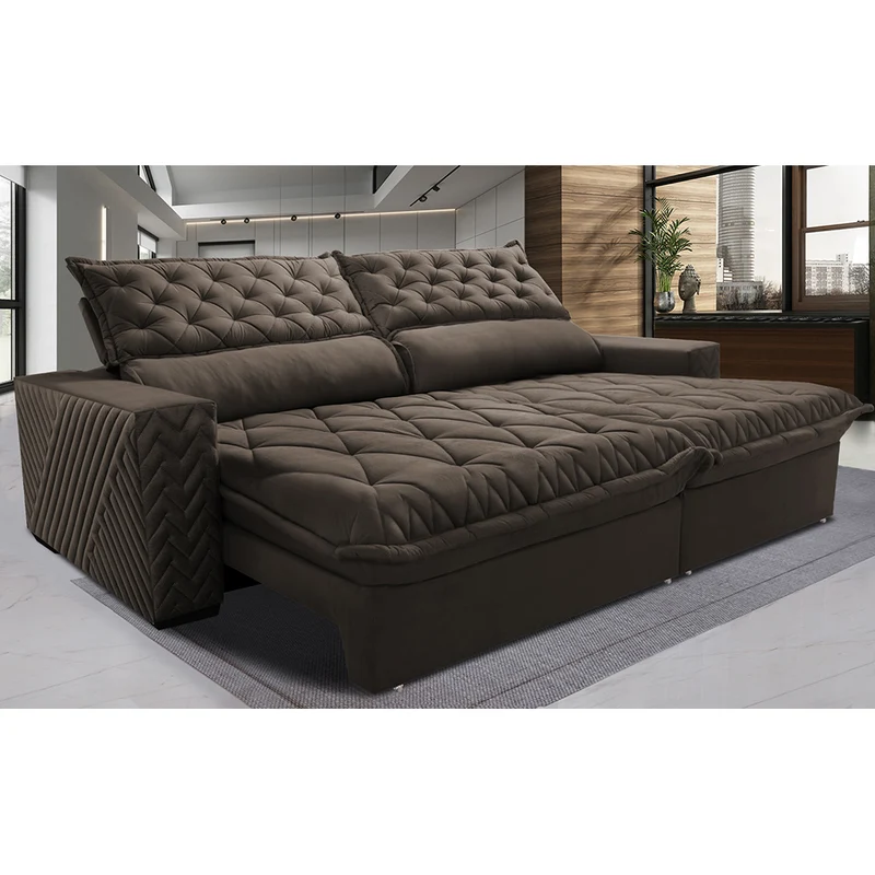 Sofá Retrátil e Reclinável Molas Ensacadas Cama inBox Spazus com Bordado 3D Café / 2,75m