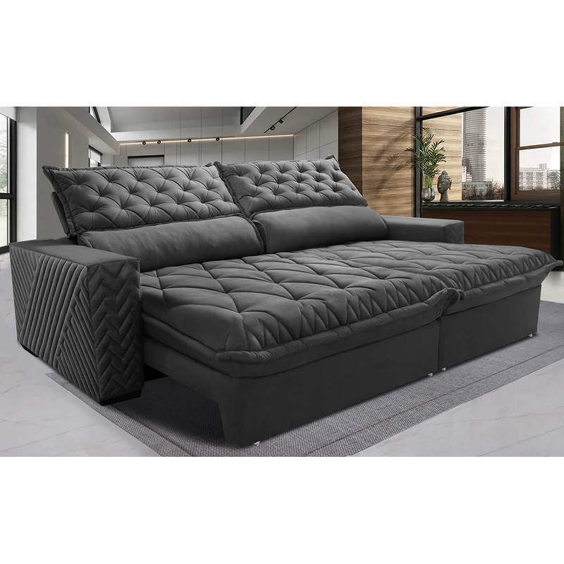 Sofá Retrátil e Reclinável Molas Ensacadas Cama inBox Spazus com Bordado 3D Cinza / 2,95m