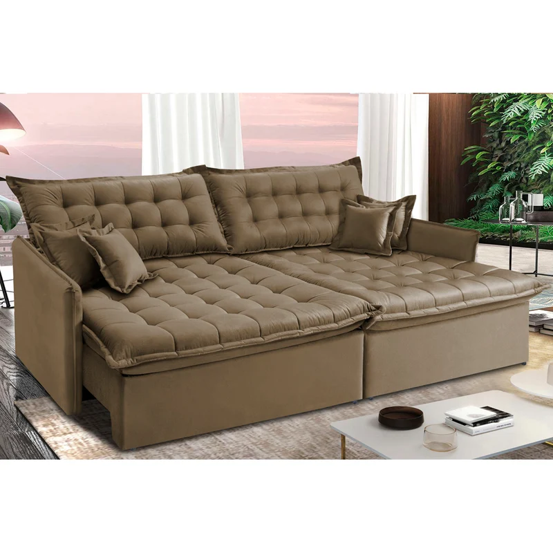 Sofá Sem Caixa Retrátil Reclinável Cama inBox Versátil com Pillow Top e Molas Velusoft Café / 2,95m