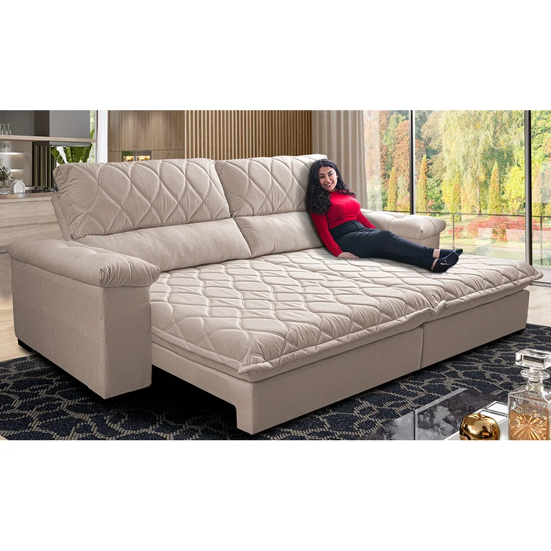 Sofá Retrátil e Reclinável Molas Ensacadas Cama inBox Big Home com Bordado 3D Linho Cinza Claro / 3,15m