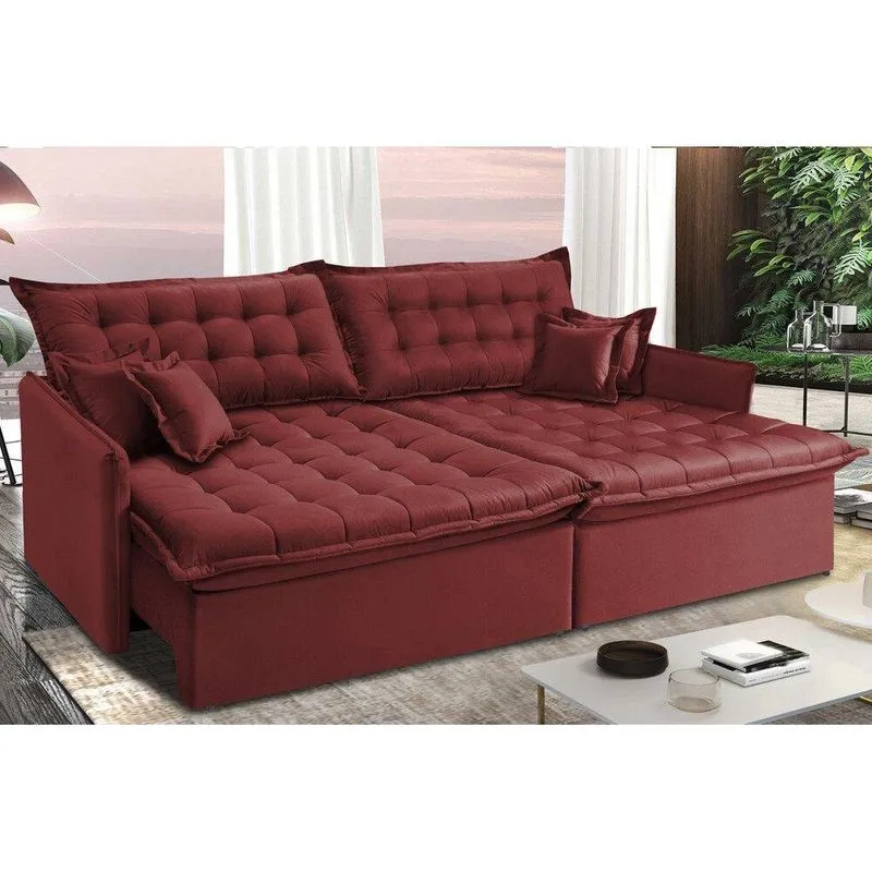 Sofá Sem Caixa Retrátil E Reclinável 1,55m Cama Inbox Versátil Suede Velusoft Vermelho
