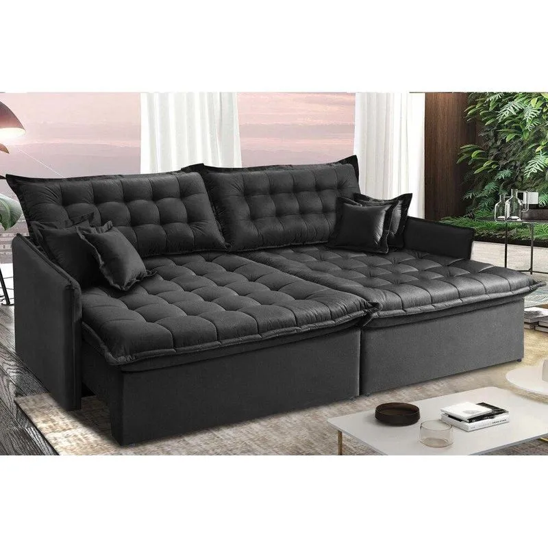 Sofá Sem Caixa Retrátil E Reclinável 1,75m Cama Inbox Versátil Suede Velusoft Preto