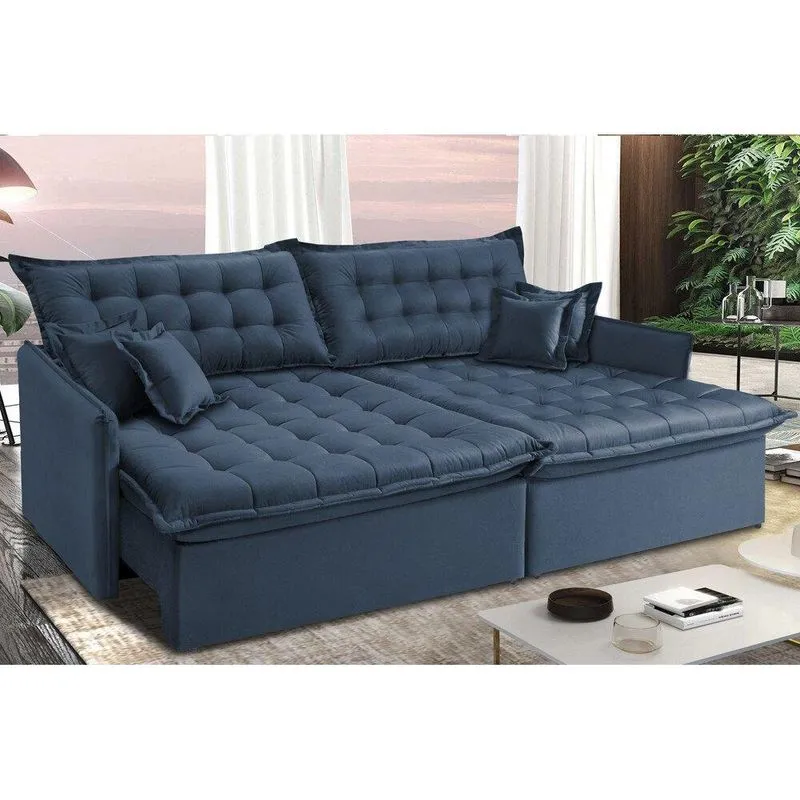 Sofá Sem Caixa Retrátil E Reclinável 1,95m Cama Inbox Versátil Suede Velusoft Azul