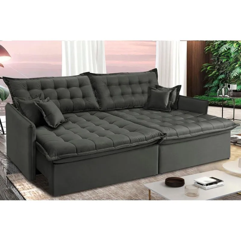 Sofá Sem Caixa Retrátil E Reclinável 1,95m Cama Inbox Versátil Suede Velusoft Cinza