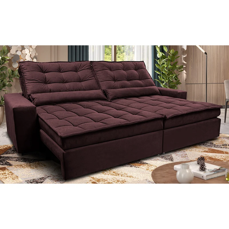 Sofá Retrátil e Reclinável Molas Ensacadas Cama inBox Catar Velusoft Vinho / 2,12m