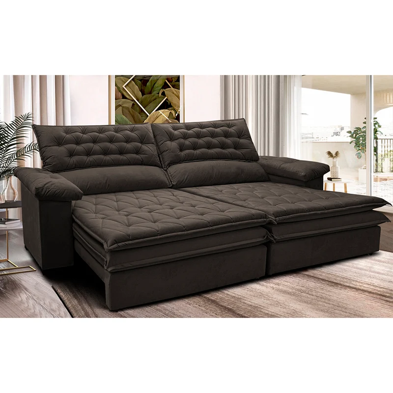 Sofá Retrátil e Reclinável Molas Ensacadas Cama inBox Alemanha com Espuma Viscoelástico Velusoft Café / 2,72m
