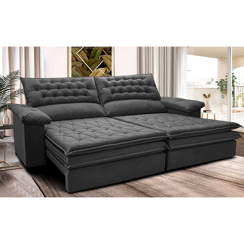 Sofá Retrátil e Reclinável Molas Ensacadas Cama inBox Alemanha com Espuma Viscoelástico Velusoft Cinza / 2,72m
