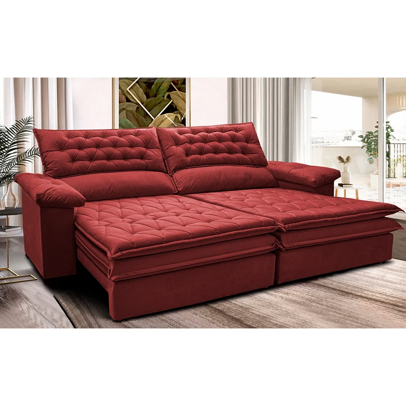 Sofá Retrátil e Reclinável Molas Ensacadas Cama inBox Alemanha com Espuma Viscoelástico Velusoft Vermelho / 2,72m
