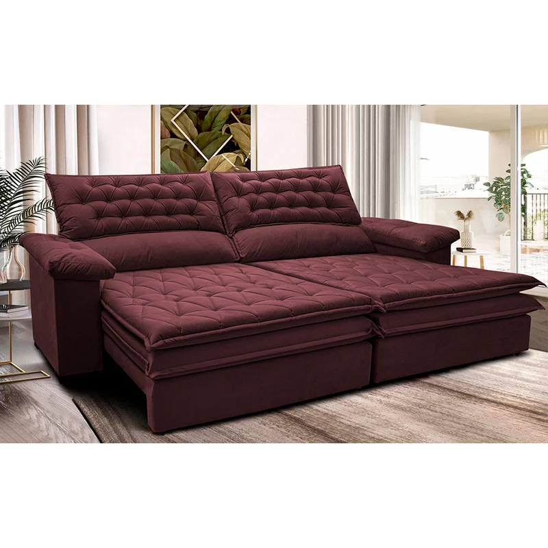 Sofá Retrátil e Reclinável Molas Ensacadas Cama inBox Alemanha com Espuma Viscoelástico Velusoft Vinho / 2,72m