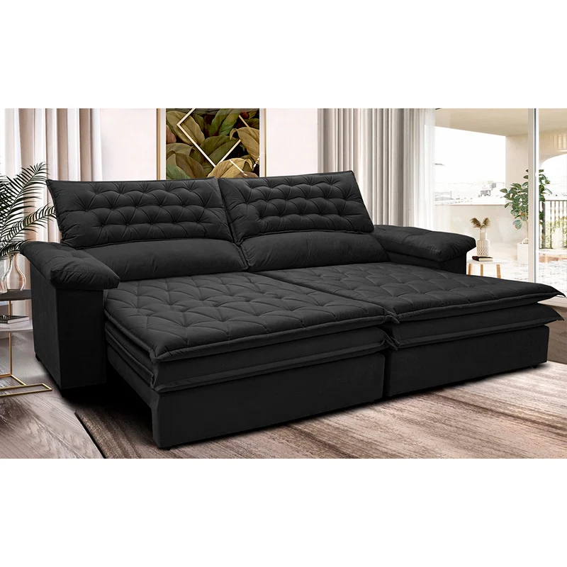Sofá Retrátil e Reclinável Molas Ensacadas Cama inBox Alemanha com Espuma Viscoelástico Velusoft Preto / 2,72m