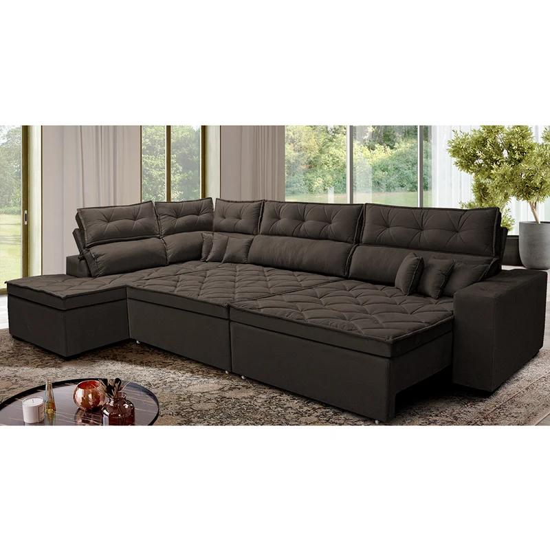 Sofá de Canto Esquerdo Retrátil e Reclinável Molas Cama inBox Espanha Velusoft Café / 3,00m x 2,36m