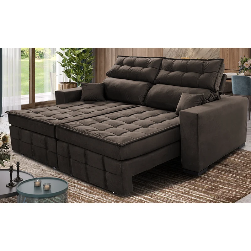 Sofá Retrátil e Reclinável Molas Ensacadas e Costura Tripla Cama inBox Japão Velusoft Café / 1,80m