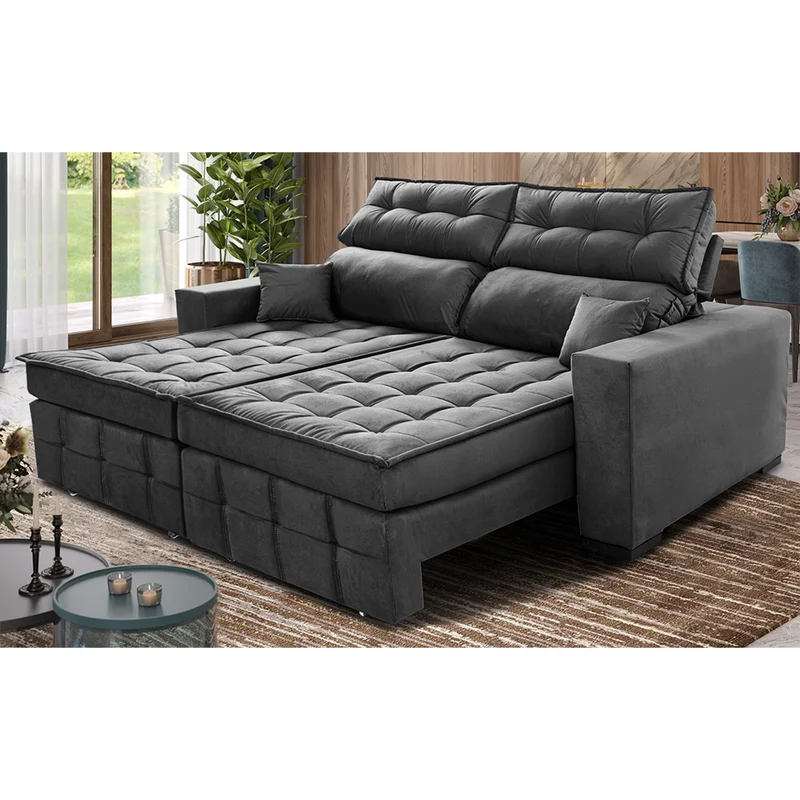 Sofá Retrátil e Reclinável Molas Ensacadas e Costura Tripla Cama inBox Japão Velusoft Cinza / 1,80m