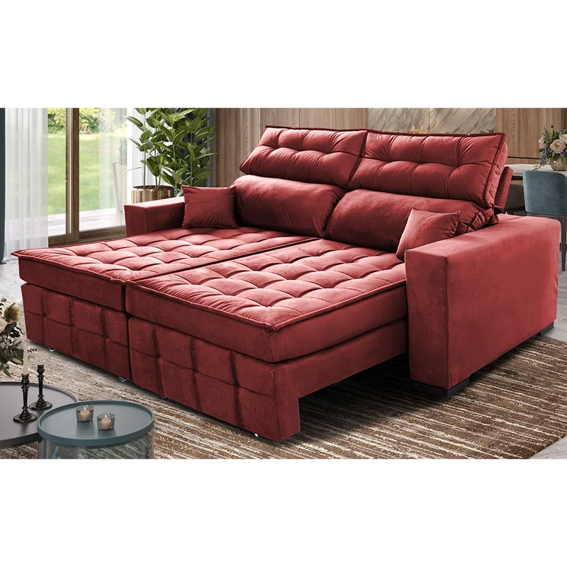Sofá Retrátil e Reclinável Molas Ensacadas e Costura Tripla Cama inBox Japão Velusoft Vermelho / 1,80m