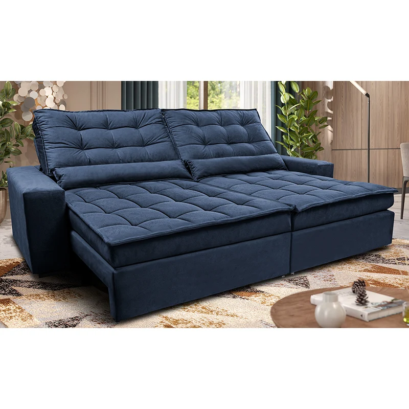 Sofá Retrátil e Reclinável Molas Ensacadas Cama inBox Catar Velusoft Azul / 2,32m