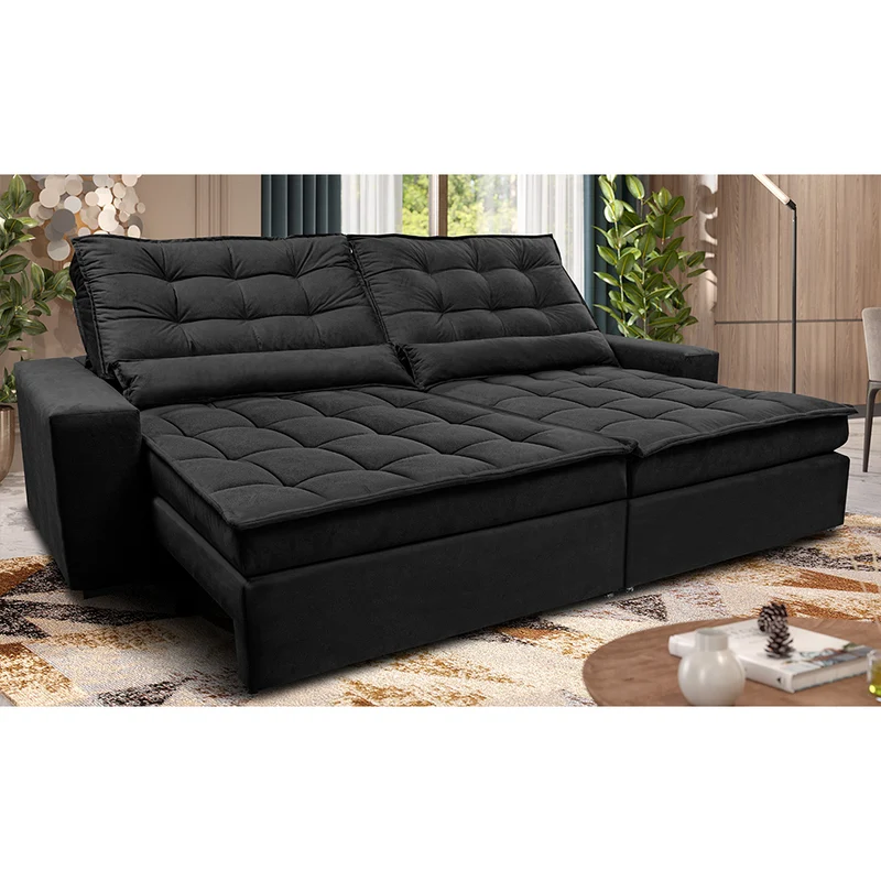 Sofá Retrátil e Reclinável Molas Ensacadas Cama inBox Catar Velusoft Preto / 2,52m
