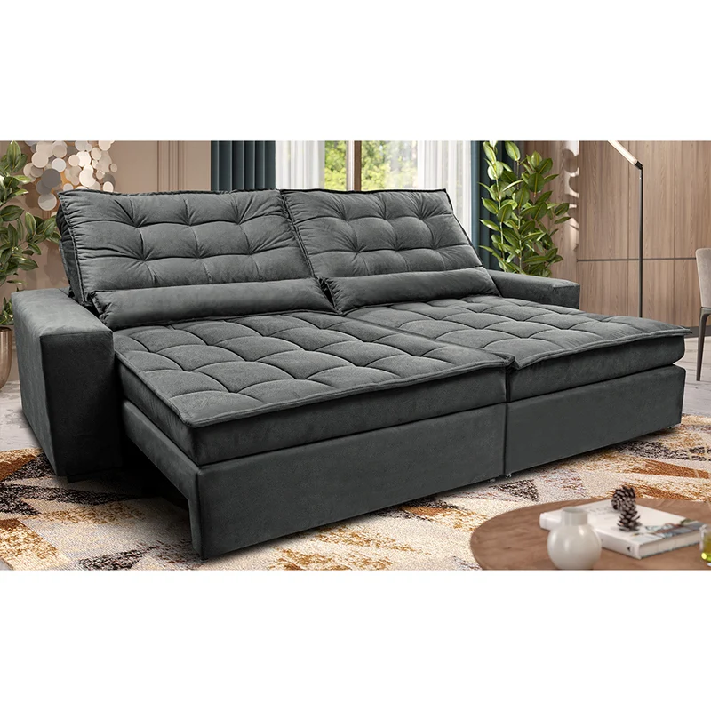 Sofá Retrátil e Reclinável Molas Ensacadas Cama inBox Catar Velusoft Cinza / 2,92m