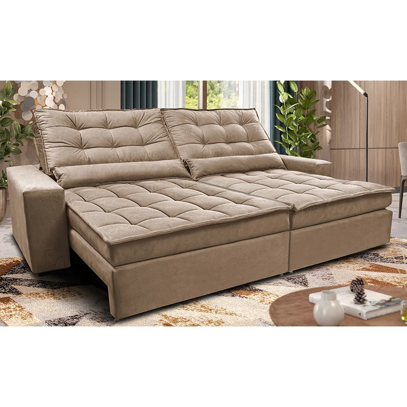 Sofá Retrátil e Reclinável Molas Ensacadas Cama inBox Catar Velusoft Bege / 3,12m