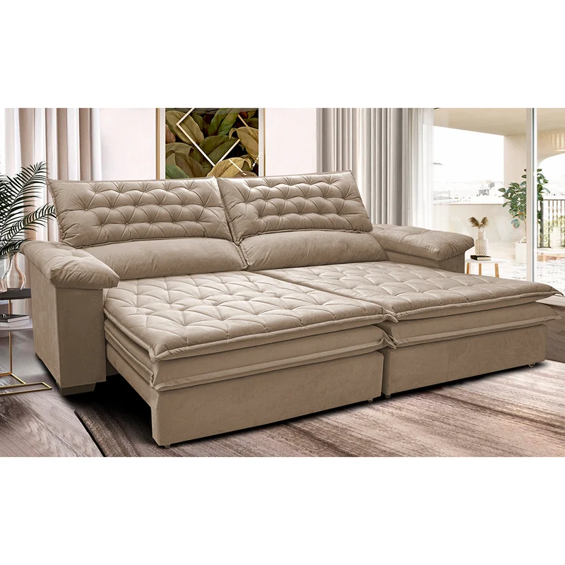 Sofá Retrátil e Reclinável Molas Ensacadas Cama inBox Alemanha com Espuma Viscoelástico Velusoft Bege / 2,12m