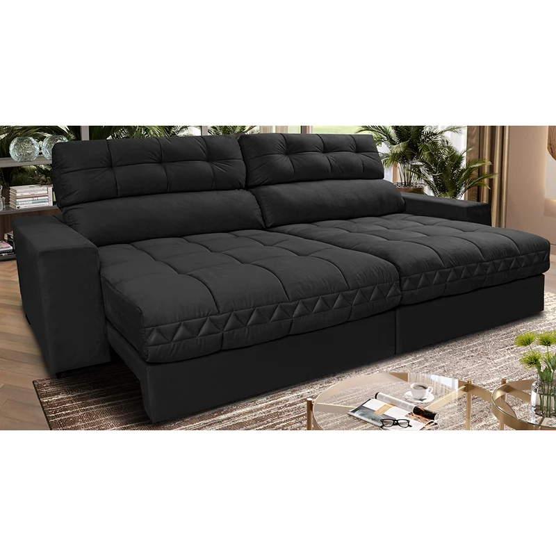 Sofá Retrátil e Reclinável Molas Ensacadas Cama inBox Brasil Velusoft Preto / 2,72m