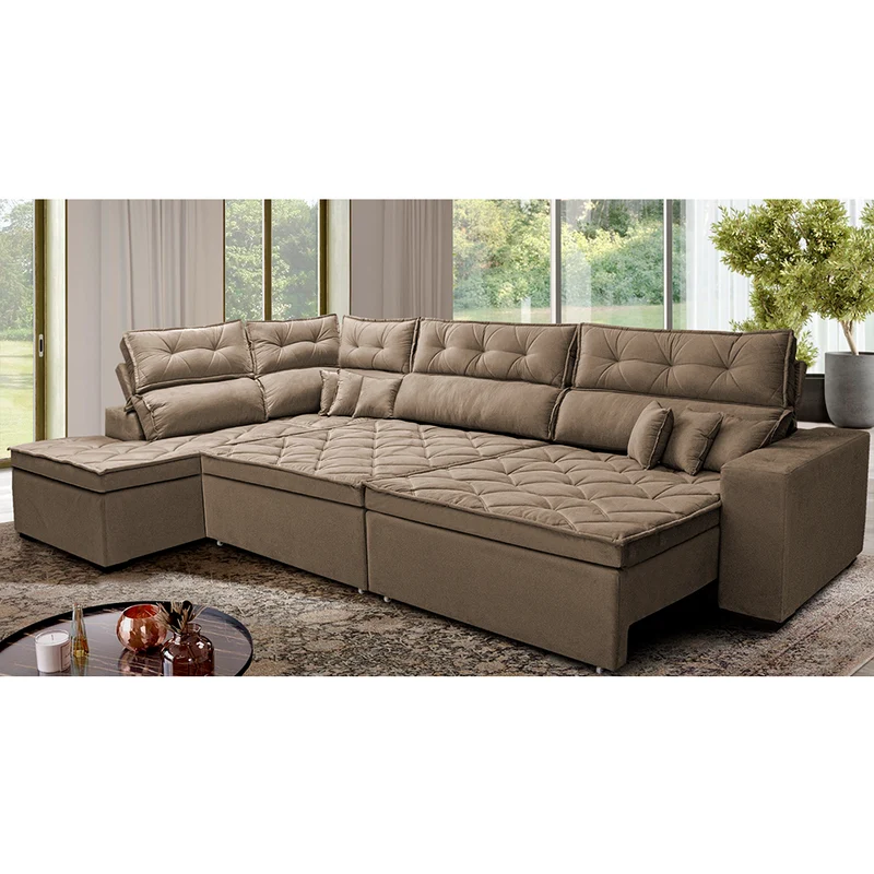 Sofá de Canto Esquerdo Retrátil e Reclinável Molas Cama inBox Espanha Velusoft Castor / 3,40m x 2,36m