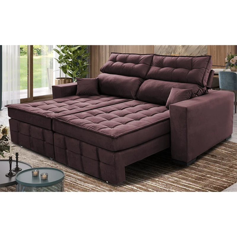 Sofá Retrátil e Reclinável Molas Ensacadas e Costura Tripla Cama inBox Japão Velusoft Vinho / 2,00m