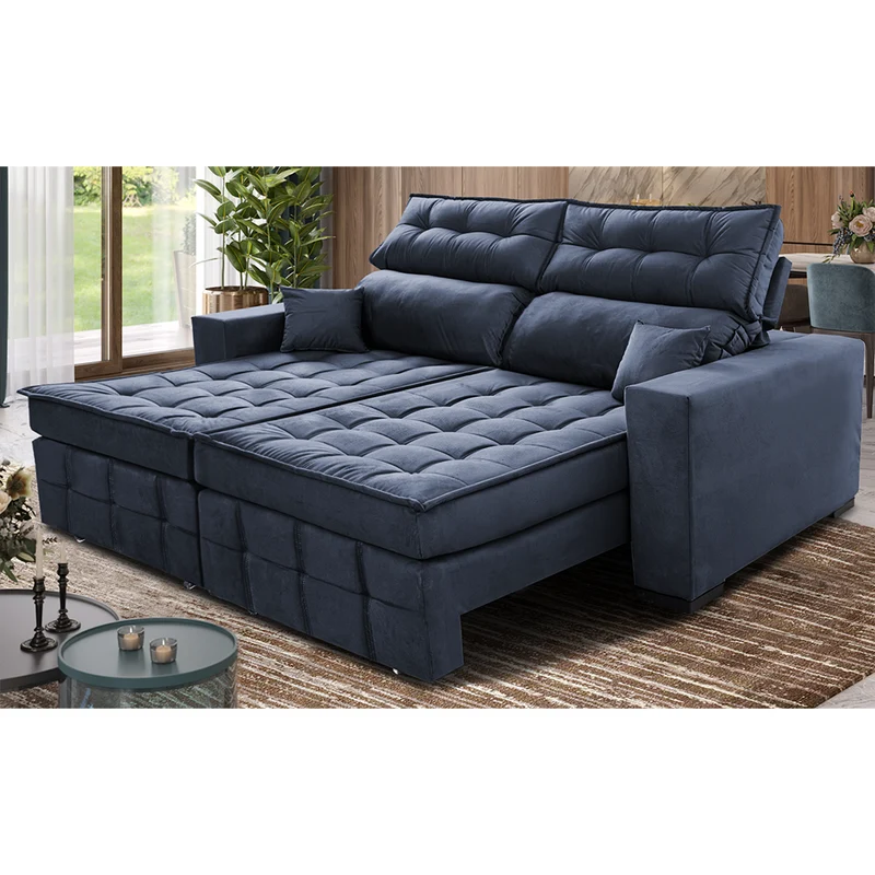 Sofá Retrátil e Reclinável Molas Ensacadas e Costura Tripla Cama inBox Japão Velusoft Azul / 2,20m