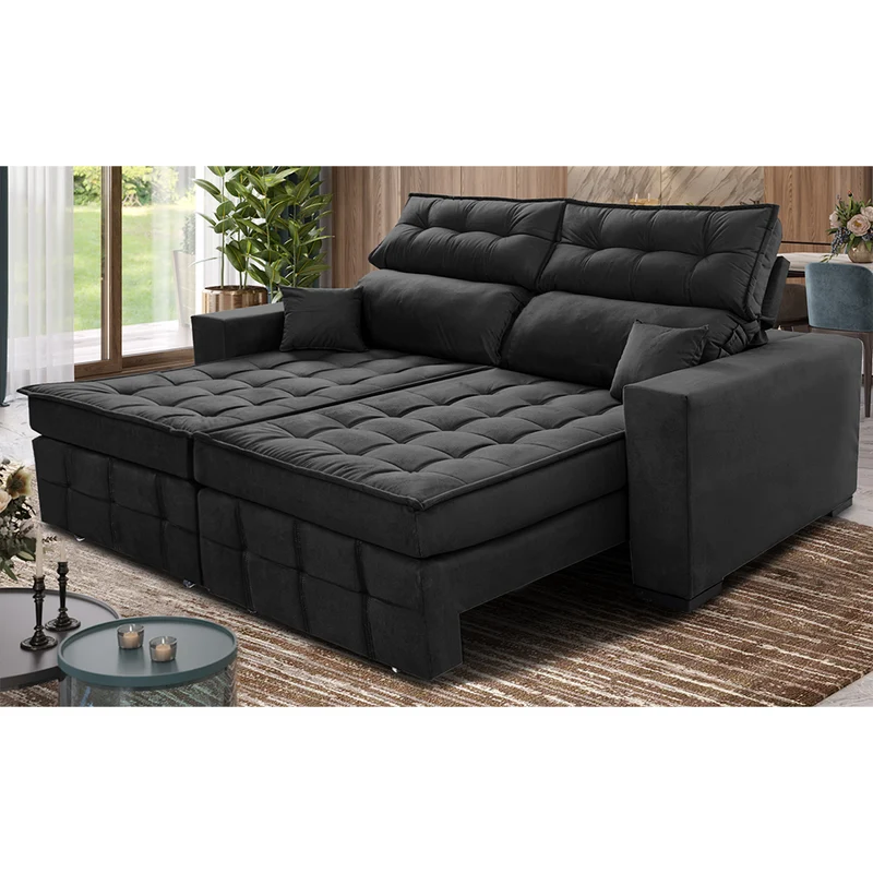 Sofá Retrátil e Reclinável Molas Ensacadas e Costura Tripla Cama inBox Japão Velusoft Preto / 2,20m