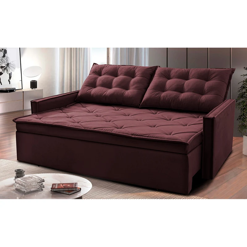 Sofá Sem Caixa Retrátil e Reclinável Studio Cama inBox Velusoft Vinho / 1,85m