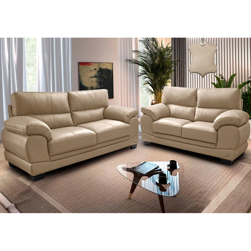 Conjunto Sofá de Couro Legítimo 3 e 2 Lugares Cama inBox Don Arturo Bege / 2,26m x 1,76m