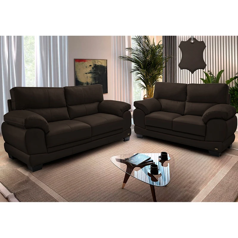 Conjunto Sofá de Couro Legítimo 3 e 2 Lugares Cama inBox Don Arturo Marrom / 2,26m x 1,76m