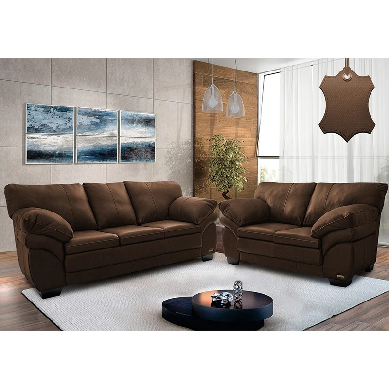 Conjunto Sofá de Couro Legítimo 3 e 2 Lugares Cama inBox Monterrey Caramelo / 2,10m x 1,60m