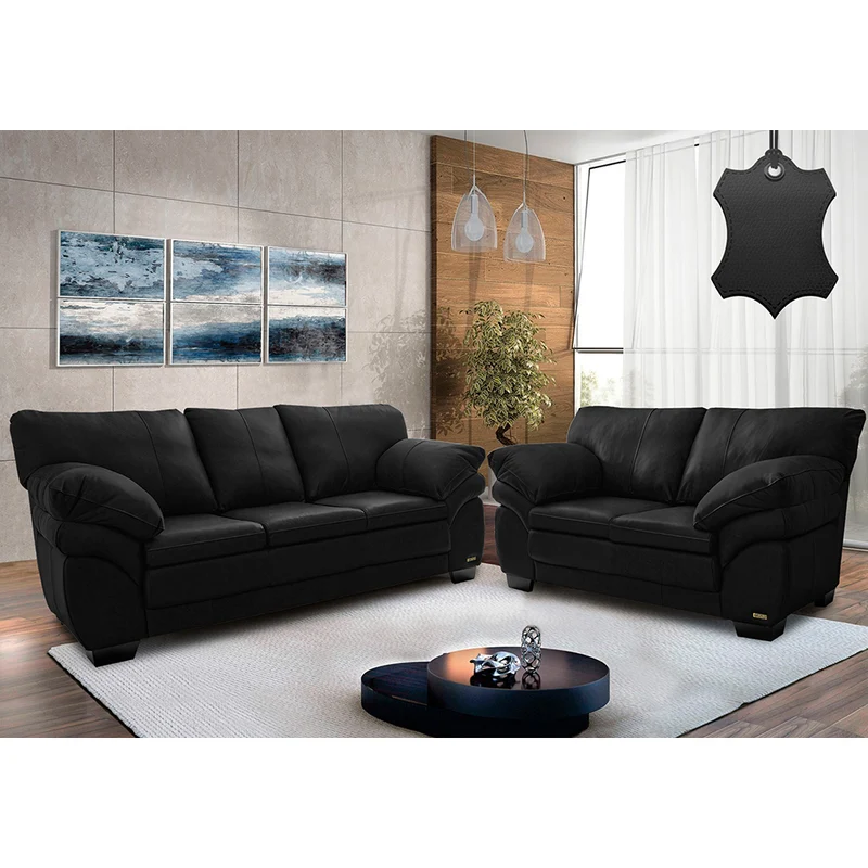 Conjunto Sofá de Couro Legítimo 3 e 2 Lugares Cama inBox Monterrey Preto / 2,10m x 1,60m