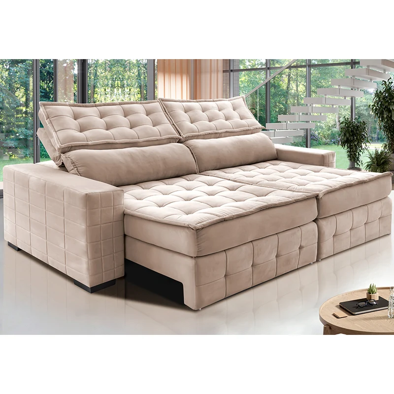 Sofá Retrátil e Reclinável Cama inBox Big Puffer com SoftGel D40 Velupluma Bege / 2,15m