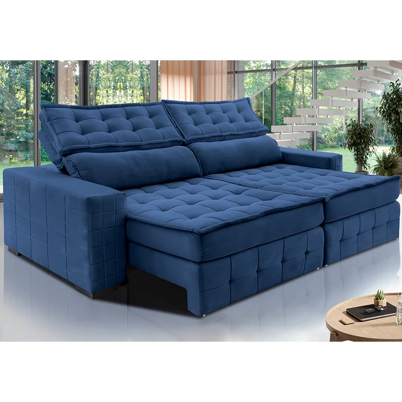 Sofá Retrátil e Reclinável Cama inBox Big Puffer com SoftGel D40 Velupluma Azul / 2,75m