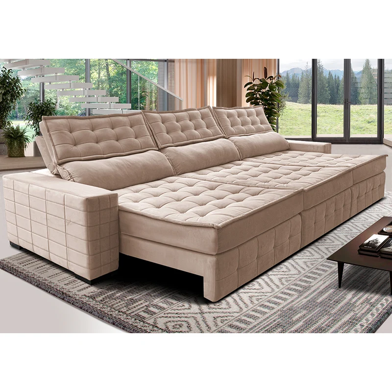 Sofá Retrátil e Reclinável Cama inBox Big Puffer com SoftGel D40 Velupluma Bege / 3,55m