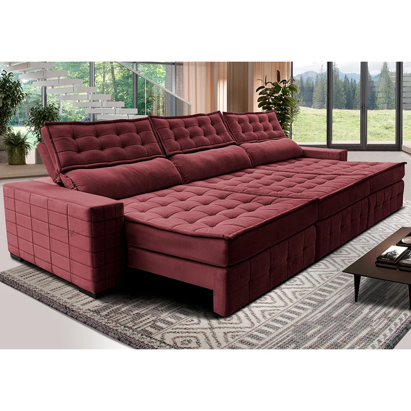 Sofá Retrátil e Reclinável Cama inBox Big Puffer com SoftGel D40 Velupluma Vinho / 3,55m