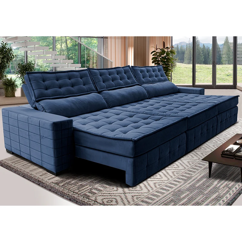 Sofá Retrátil e Reclinável Cama inBox Big Puffer com SoftGel D40 Velupluma Azul / 3,85m