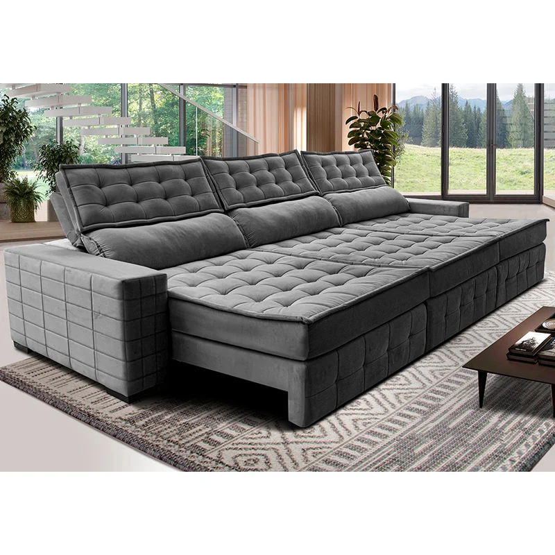 Sofá Retrátil e Reclinável Cama inBox Big Puffer com SoftGel D40 Velupluma Cinza / 3,85m