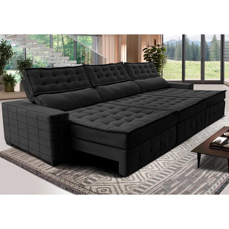 Sofá Retrátil e Reclinável Cama inBox Big Puffer com SoftGel D40 Velupluma Preto / 4,15m