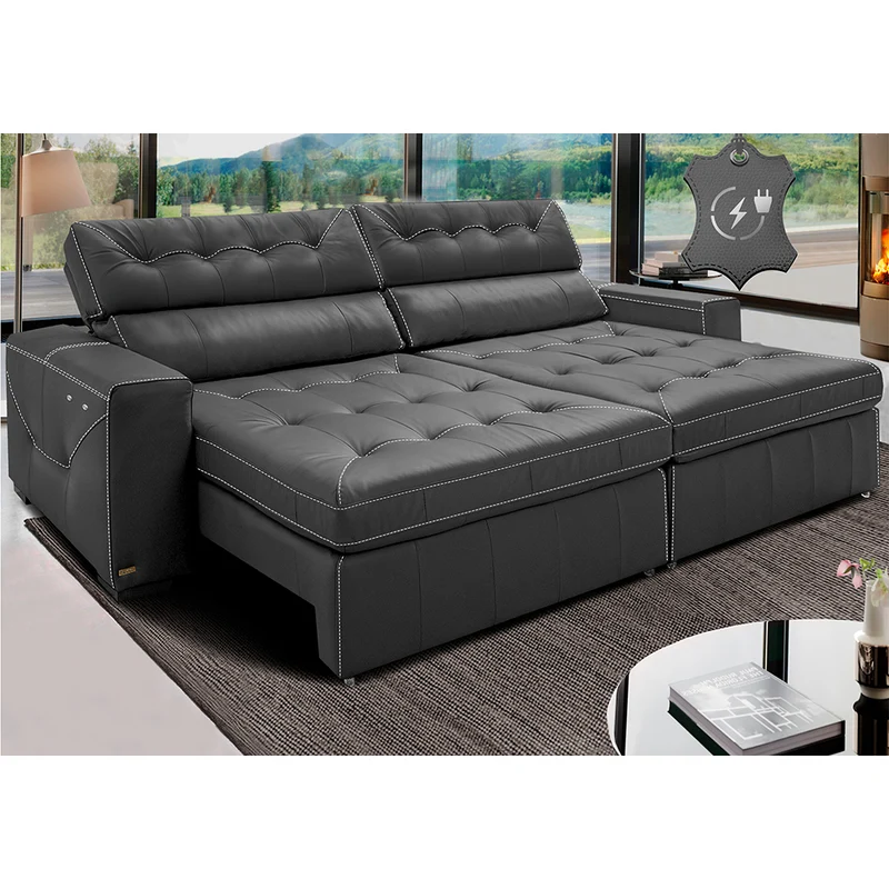 Sofá de Couro Elétrico Retrátil Cama inBox Gran Vitaly SoftGel D40 Cinza / 2,35m