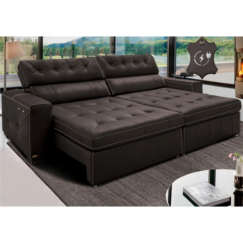 Sofá de Couro Elétrico Retrátil Cama inBox Gran Vitaly SoftGel D40 Marrom / 2,75m