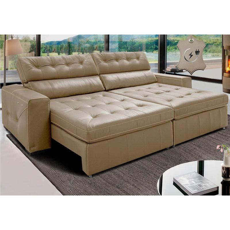 Sofá de Couro Elétrico Retrátil Cama inBox Gran Vitaly SoftGel D40 Bege / 3,15m