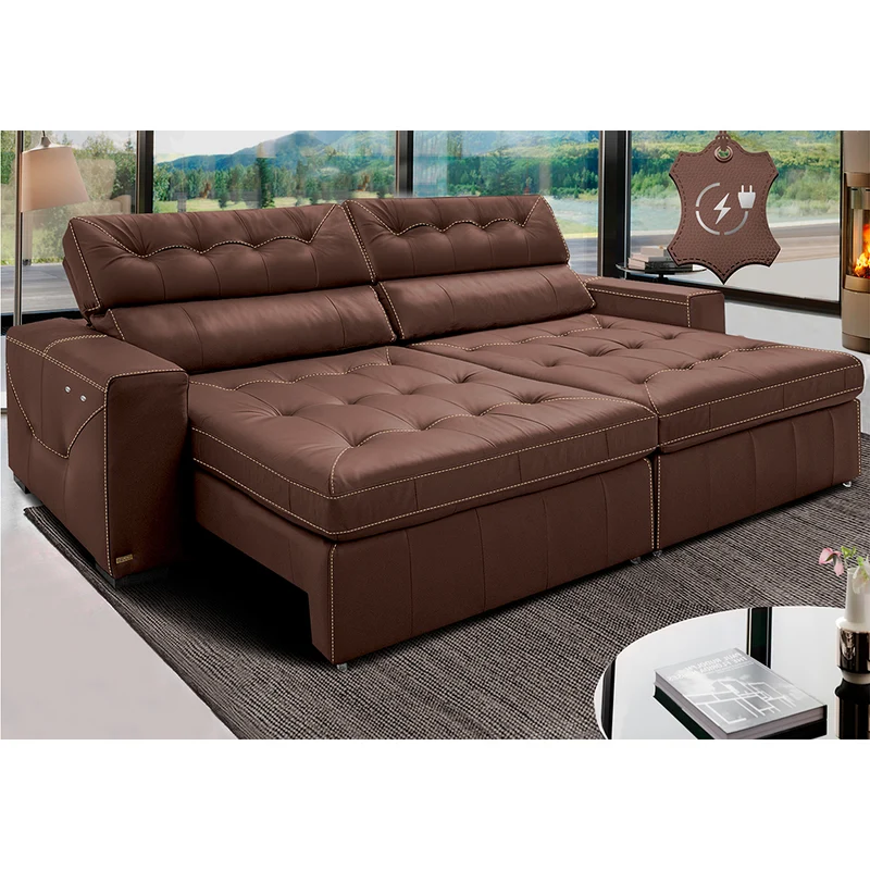 Sofá de Couro Elétrico Retrátil Cama inBox Gran Vitaly SoftGel D40 Caramelo / 3,15m