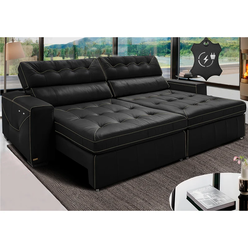 Sofá de Couro Elétrico Retrátil Cama inBox Gran Vitaly SoftGel D40 Preto / 3,15m