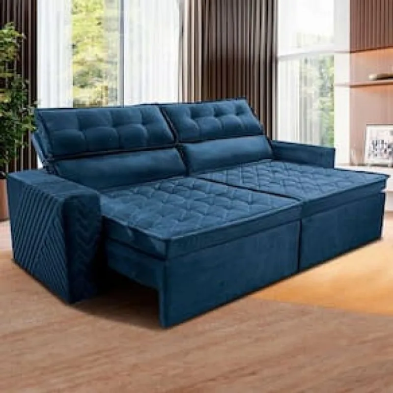 Sofá 3 Lugares Cama inBox Belém Retrátil e Reclinável Revestido em Suede Velusoft - 200cm de Largura Azul Marinho